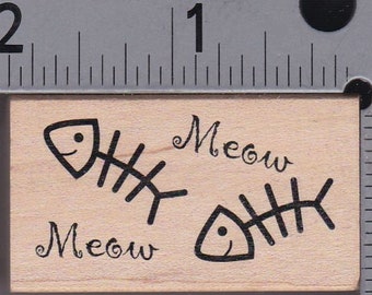 Pequeño meow border, meow con huesos de pescado sello de goma, monte de madera, medios de toda la noche