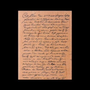 Puede incluir: Un documento manuscrito sobre papel envejecido, con escritura cursiva en tinta oscura. El texto parece estar en una lengua europea antigua, con manchas de tinta visibles y variaciones en los trazos de pluma. El papel tiene un tono marrón claro y cálido.