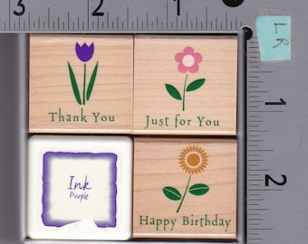 Hero Arts Happy Flower Messages Box Set; 3 Small Wood Mount Stamps & Purple Ink Pad