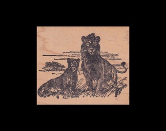 Two Lions, Lion Pride Rubber Stamp, Wood Mount, Safari