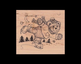 PSX Skating Fuzzy Bear, Winter / Christmas Scene Rubber Stamp, K2658, Wood Mount