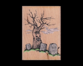 Hero Arts Scary Tree in Graveyard, Rubber Stamp, Wood Mount