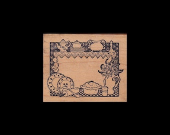 Kitchen Items Frame (pie, rolling pin, plates) Rubber Stamp, PSX F378, Wood Mount