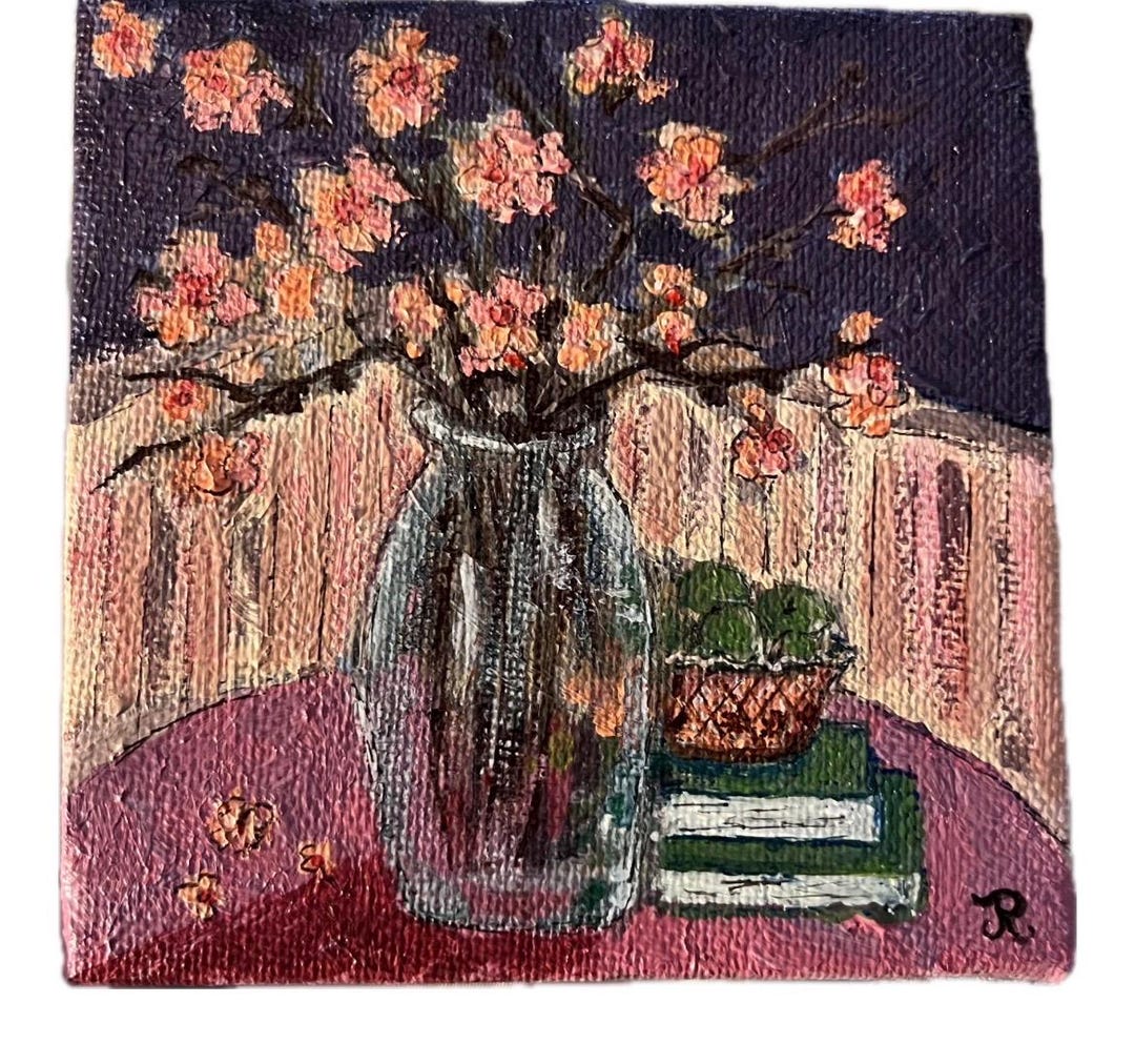 Mini Original Acrylic Painting of Cherry Blossoms in Vase. 4x4” - Etsy