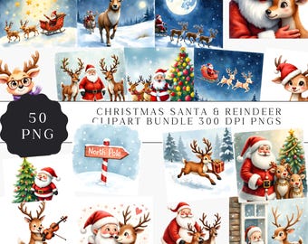 May include: A collection of 50 PNG Christmas-themed clip art images. The images feature Santa Claus, reindeer, Christmas trees, and winter scenes. The text "CHRISTMAS SANTA & REINDEER CLIPART BUNDLE 300 DPI PNGS" is also included.