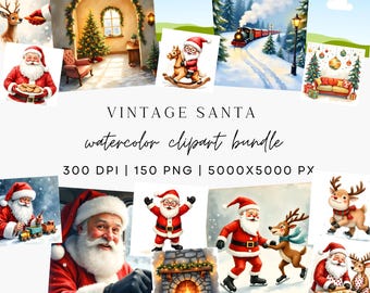 Vintage Santa Watercolor Clipart Bundle, Christmas PNG (Digital Download)