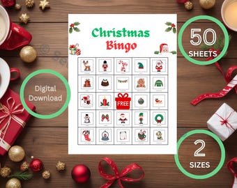 May include: A Christmas Bingo game sheet with festive illustrations, including a reindeer, Santa, and ornaments. The words "Christmas Bingo" are at the top, with "Digital Download" and "FREE" labels. The image also shows "50 SHEETS" and "2 SIZES".