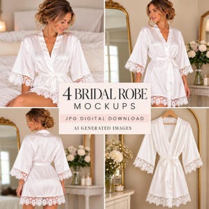 May include: A white satin robe featuring wide sleeves and a hemline trimmed with intricate white floral lace. The garment includes a matching fabric tie belt at the waist. The text 4 BRIDAL ROBE MOCKUPS JPG DIGITAL DOWNLOAD AI GENERATED IMAGES is visible.