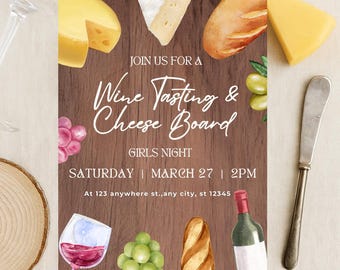 May include: A watercolor invitation for a wine tasting and cheese board event. The invitation features illustrations of cheese, grapes, bread, and wine. The text reads "Wine Tasting & Cheese Board" and includes the date, time, and location.