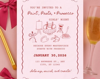 Malen Pasta Prosecco Einladung | Girls Night Canva Vorlage (Digitaler Download)