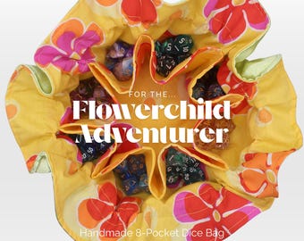 Dice Bag | The Flowerchild Adventurer | 8-Pocket Drawstring Bag for DND / TTRPG Dice & Miniatures