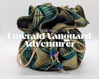 May include: A drawstring dice bag featuring a plaid pattern in shades of olive green, teal, and black. The bag has eight internal pockets and is cinched with tan cords adorned with blue and green beads. Text reads: FOR THE... Emerald Vanguard Adventurer, Handmade 8-Pocket Dice Bag, TheThriftyAdventurer.