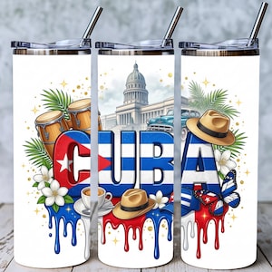 May include: White travel tumbler with a design featuring the word "CUBA" in blue and white stripes, the Cuban flag, a vintage car, a hat, and a butterfly. The design includes a coffee cup, drums, and tropical flowers.