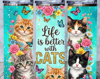 Floral Kitten Tumbler Wrap, Gold Glitter Cat Mom Gift (PNG Digital Download)