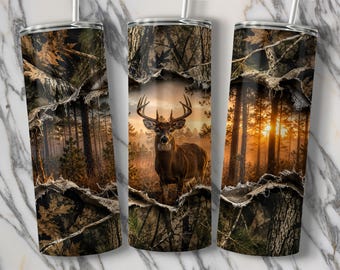 Buck Tumbler Wrap, Camo Forest Sunset Deer PNG, Hunter Sublimation Design (Digital Nedladdning)