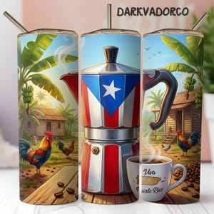 May include: A set of three stainless steel tumblers with a Puerto Rican theme. The design includes a coffee pot with the Puerto Rican flag, a coffee cup with the text "Viva Puerto Rico", and a rural landscape with roosters and banana trees. The text "DARKVADORCO" is at the top.