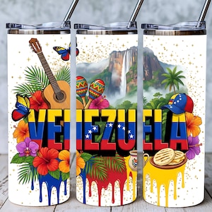 May include: White tumbler with a design featuring the word "VENEZUELA" in red, yellow, and blue. The design includes a guitar, maracas, a waterfall, and flowers. A blue and yellow baseball cap is also featured.