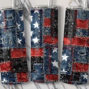 May include: Three stainless steel tumblers with a distressed denim and American flag design. The design features patches of red, white, and blue denim, white stars, and safety pins. Each tumbler has a silver lid and a straw.