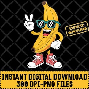 Cool Banana with Sunglasses Art, Retro Fruit Tee, Funny Character Design, Banana Digital Download,       Cool Banana PNG, Banana clipart PNG