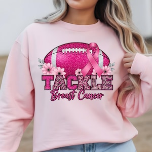 Tackle Breast Cancer Football PNG, Pink Awareness Game Day Shirt Design, Glitter Football Clipart, Cherry Blossoms Ribbon Sublimation PNG