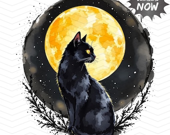 Akvarell svart katt PNG: Gotisk design med himmelsmåne (digital nedladdning)