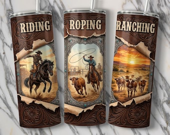 Rodeo Cowboy Tumbler Wrap PNG, Western Faux Leather Design (Digital Download)