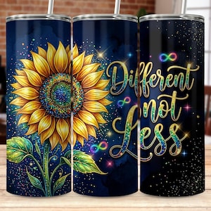 Könnte beinhalten: Drei isolierte Becher mit einem Sonnenblumen-Design und dem Schriftzug "Different not Less". Die Sonnenblume ist gelb und orange mit einem detaillierten Zentrum. Der Hintergrund ist dunkelblau mit funkelnden Akzenten.