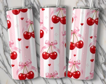 Coquette Cherry Tumbler Wrap PNG, Pink Bows Hearts Design (Digital Download)