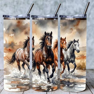 Wild Horses Tumbler PNG, Forest Equine Sublimation Wrap, 20oz Skinny