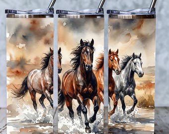 Wild Horses Tumbler PNG, Forest Equine Sublimation Wrap, 20oz Skinny