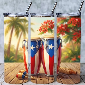 May include: Three stainless steel insulated tumblers with a Puerto Rican theme. Each tumbler features a design of conga drums, the Puerto Rican flag, and tropical scenery. Maracas, coffee beans, and a guiro are also depicted.