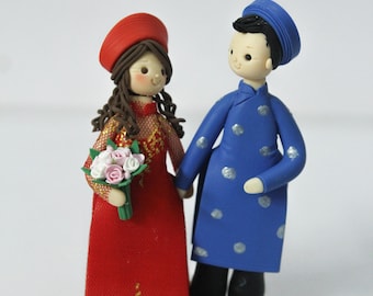 Ao Dai Wedding Cake Topper, Vietnam bride & groom figurine, Vietnam themed wedding party
