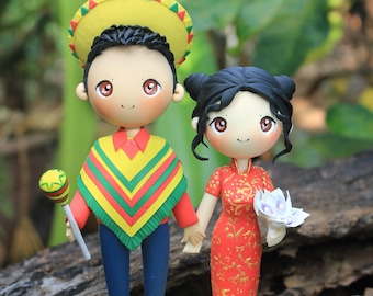 Mexico & China Theme Wedding Cake Topper, Poncho and Qipao cake decoration, wedding gift idea for bride and groom