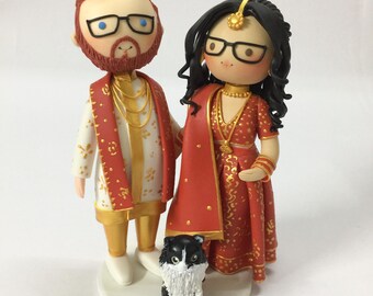Indian Bride & Groom With Cat Wedding Cake Topper with Cat, Saree Theme, Hindu idea cake decoration, wedding gift for cat mama dog mama
