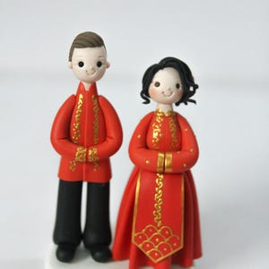 Chinese wedding cake topper, qipao wedding topper, red and gold wedding theme, Gold anniversary topper, wedding cake decor theme