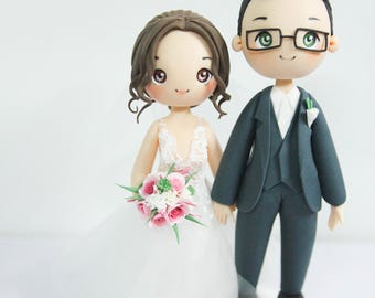 Handmade Clay Wedding Cake Topper: Custom Bride & Groom Portrait