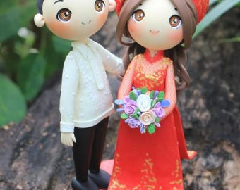 Handmade Barong & Ao Dai Wedding Cake Topper: Filipino Groom, Vietnamese Bride