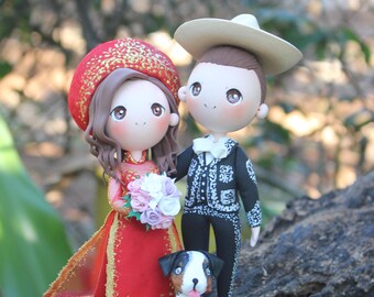 Handmade Mariachi Groom and Ao Dai Bride Cake Topper, Custom Wedding Keepsake