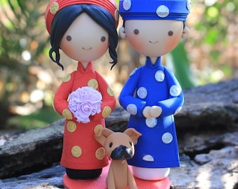 Handmade Vietnamese Ao Dai Wedding Cake Topper with Dog: Personalized Clay Figurine