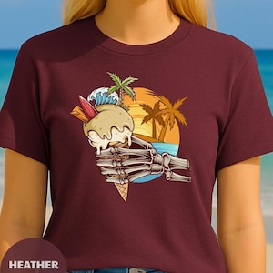 Summer Ice Cream Skeleton Hand Shirt, Surfer Beach Tee for Men Women, Alternative Ice Cream Cone Graphic T-Shirt, Sunset Wave Style