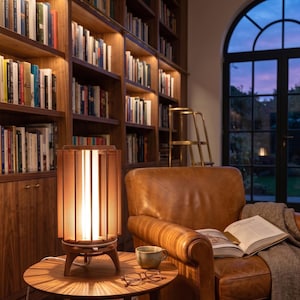 Può includere: Un angolo lettura accogliente con una lampada in legno che illumina un tavolino rotondo. Si vedono una poltrona in pelle, un libro aperto e una tazza di tè. Una libreria in legno piena di libri fa da sfondo.