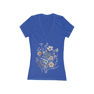 Floral Graphic Tee, Women&#39;s Shirt, Cute Flower Design, V-Neck T-Shirt, Summer Top, Floral Print Tee