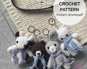 Crochet Animal Keychain Pattern Bundle: Bear, Bunny, Cat, Cow (PDF Pattern)