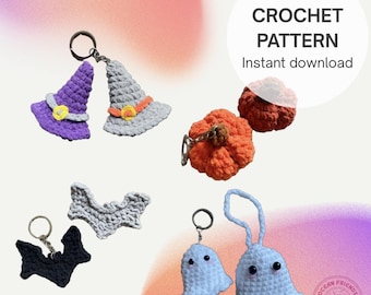 Halloween Crochet Keychain Pattern Bundle: Ghost, Pumpkin, Witch, Bat (PDF Download)