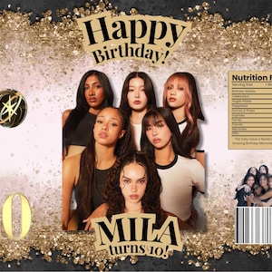 May include: A birthday-themed graphic with a group of women, the text "Happy Birthday!" and "Mila turns 10!" in gold. A gold number 10 and a decorative gold and black orb are also present.