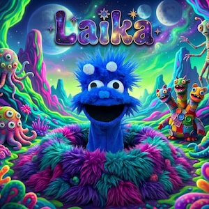 May include: A blue fuzzy puppet with large white eyes sits in a purple and teal fur nest. The background features a vibrant alien landscape with colorful creatures, glowing plants, and the word Laika written in a galaxy-themed font above.