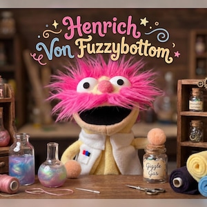 Heinrich Von Fuzzy Bottom Character Art | Fun Mad Scientist Hand puppet |   Stickers