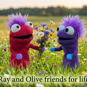 May include: Two plush hand puppets, one red and one purple, each with spiky purple hair and large white eyes. The red puppet holds a bouquet of wildflowers toward the purple puppet. The text "Ray and Olive friends for life" appears at the bottom.