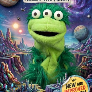 Exclusive one and done: Allan The Lost Alien!  Bright Green Three-Eyed Puppet | Weird and Wonderful Earth Tourist