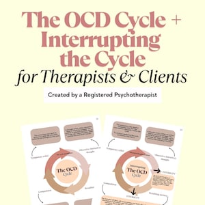 May include: Diagram titled "The OCD Cycle + Interrupting the Cycle for Therapists & Clients." The diagram illustrates the cycle of obsessive thoughts and compulsions, with text and arrows. Created by a Registered Psychotherapist.